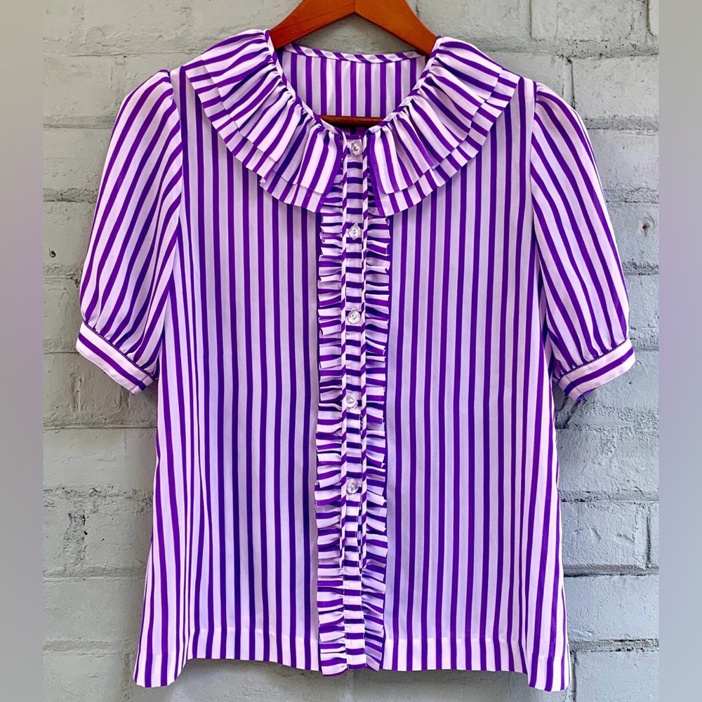 Vintage Striped Peter Pan Ruffle Collar Blouse in Purple and White.